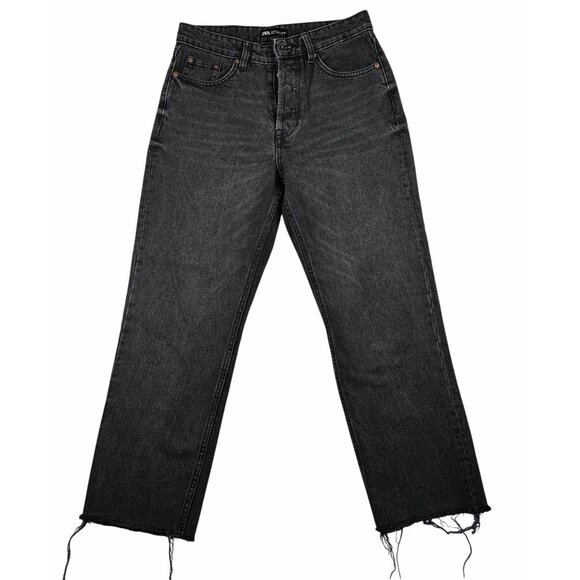 Zara Womens Black High-Waisted Straight-Leg Jeans Raw Hem Button Fly Sz 6 Grunge - Picture 1 of 12